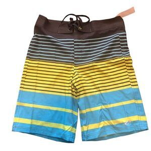 Oxide Men's Board Shorts with Stripes Blue Black‎ Yellow Sz 30 NWT